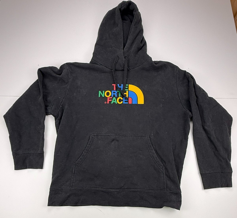 The North Face Mens Rainbow Logo Pullover Hoodie Black Multicolor Size L EST